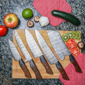 Damascus Steel <b>Knife</b> <b>Set</b> 5-Piece Wooden Handle Handmade <b>Sharp</b> Chef <b>Knives</b> 8-9.9in Ambidextrous Straight Edge - Product Image 1