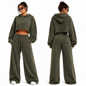 Conjunto deportivo de sudadera con capucha corta y pantalón de pierna ancha de felpa francesa de alto gramaje, color verde oliva, con lavado ácido y efecto desgastado, para mujer, de ONE APEX - Product Image 5
