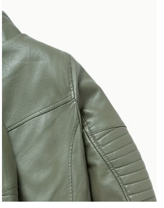 TRIBON SPORTS Men's Olive Green <b>Leather</b> Bomber <b>Jacket</b> Stand Collar Zipper Closure Slim Fit Regular Length Solid Color Breathable - Product Image 2