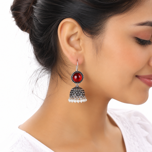 Pendientes Jhumka de Perlas y Piedras Rojas de Bollywood al por Mayor, Pendientes Étnicos Indios de Plata Oxidada Vintage para Mujer, Directo de Fábrica - Product Image 2