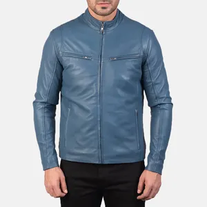 Sisa Apparels Mens Ionic Blue Genuine Leather Winter Breathable Stand Collar <b>Biker</b> <b>Jacket</b> - Product Image 2