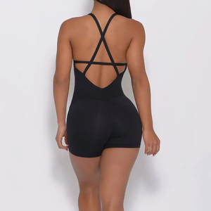 Women Seamless Halter Square Neck Sleeveless Sports Bodysuit Shorts Solid Black Spandex Polyester Simple Style - Product Image 3