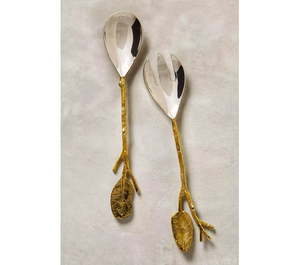 Ensemble de serveurs à salade en acier inoxydable et laiton, design feuille, 6 pièces, pour mariages et fêtes, boîte noire - Product Image 3