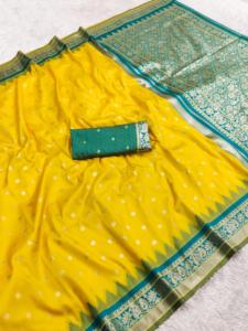 Sari indien traditionnel en soie Banarasi jaune de qualité supérieure, tissage Zari, bordure brodée, pour mariage et festivals - Product Image 6