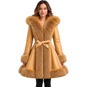 Women’s Stylish Leather Long Winter Coat Premium <b>Fur</b> <b>Trimmed</b> Belted Overcoat Custom Wholesale Apparel Manufacturer - Product Image 4