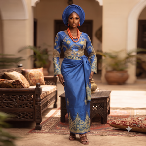 Royal Blue Beaded George Fabric with Gold <b>Embroidery</b> Luxury Nigerian Wedding Party Wear Lace <b>Material</b> - Product Image 1