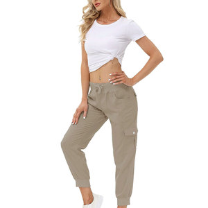 Pantalon cargo pour femme, taille haute, coupe régulière, en toile de coton, multi-poches, anti-plis, respirant, séchage rapide, décontracté - Product Image 3
