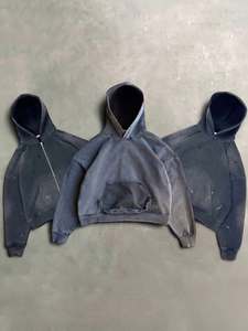 Hoodie unisexe personnalisé épais, coupe oversize, en molleton bouclette, délavé à l'acide, effet vintage usé, streetwear, délavé soleil, déchiré et court - Product Image 1