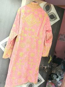 Pink Cotton Velvet Embroidered <b>Kimono</b> Robe With Golden Floral Threadwork Full Sleeves For <b>Women</b> Sculptures Decorative Accents - Product Image 3