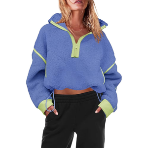 Hauts à capuche zippés pour femmes en polaire Sherpa, unis, respirants, doux et chauds, à manches longues, avec bordure contrastante, vêtements d'extérieur confortables et chauds - Product Image 6
