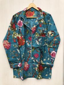 ชุดนอนผ้าฝ้ายลายดอกไม้ ชุดนอนผ้าฝ้ายทำมือ ชุดนอนอินเดียลายดอกไม้พิมพ์ลายด้วยมือ ชุดนอนผ้าฝ้าย - Product Image 3