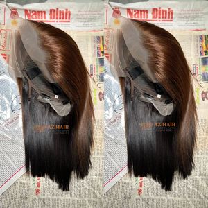 Perruque Bob coupée droite en cheveux naturels vietnamiens bruts, couleur naturelle, avec frontal en dentelle HD 13x4 assorti, mélange brun et noir - Product Image 1