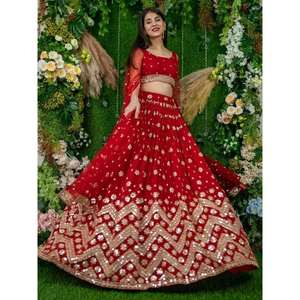 Glamorous <b>Red</b> <b>Sequins</b> Georgette Engagement Wear Lehenga Choli - Product Image 4
