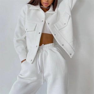 Ensemble de survêtement léger en coton rose uni pour femme, 2 pièces, veste décontractée à manches longues boutonnée et pantalon à cordon de serrage, coupe ample, automne - Product Image 5