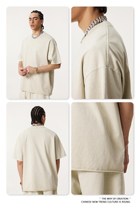 เสื้อยืดแขนสั้นผ้าฝ้าย 100% พิมพ์โลโก้ตามสั่ง แฟชั่นฤดูร้อนสำหรับผู้ชาย ไซส์พลัส กางเกงขาสั้นทรงโค้ง ชุดลำลองคู่รักสองชิ้น - Product Image 5