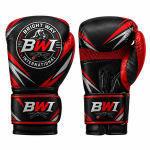 Gants de boxe Bright Way International en cuir noir et rouge, gants d'entraînement avec fermeture velcro, respirants, arts martiaux, adultes - Product Image 1