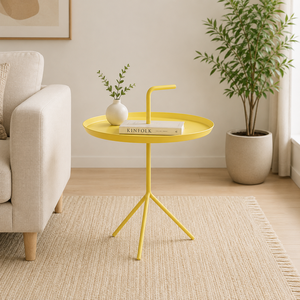 Mesa Auxiliar Redonda de Metal Amarillo Premium con Asa Portátil |   Mesa Auxiliar Moderna para Sala de Estar, Dormitorio, Rincón de Café - Product Image 3