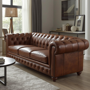 Elegante Sofá Chesterfield de Cuero Marrón de 3 Plazas con Botones Decorativos, Brazos Enrollados, Sofá Clásico para Sala de Estar, Oficina, Vestíbulo de Hotel - Product Image 2