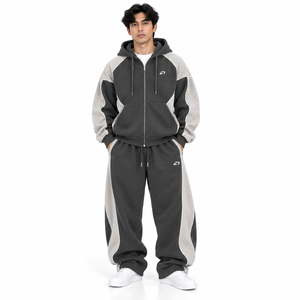 Ensemble de survêtement personnalisé pour homme, gris anthracite, avec sweat à capuche zippé et pantalon de survêtement large, empiècements et passepoil blancs contrastants, streetwear d'hiver - Product Image 1