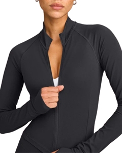 <b>Women's</b> Cropped Yoga <b>Jacket</b> Full Zip Thumbholes Stand Collar Skinny Fit Breathable Water Resistant Four-Way Stretch Running Coat - Product Image 4
