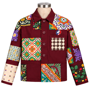 Chaqueta de trabajo estilo mosaico color borgoña, inspirada en el vintage, con estampado floral en patchwork, abotonada, de manga larga, informal, estilo streetwear, abrigo de moda personalizado. - Product Image 1