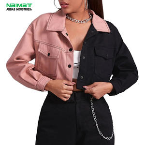 Chaqueta vaquera premium para mujer, rosa y negra, de dos tonos, estilo casual, ajustada, de algodón, tipo camionero, retro, a la moda, top corto, ropa exterior. - Product Image 1