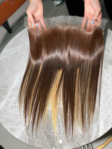 Extensiones de cabello humano virgen de 34 pulgadas, con mechas, frontal 13x6, color piano, lisas, con trama cosida a máquina. - Product Image 2