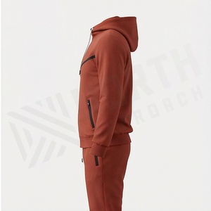 Survêtement à capuche pour homme, couleur unie, fermeture éclair intégrale, vêtements de sport décontractés avec poches latérales, vêtements d'automne, mélange de polyester et de coton - Product Image 3