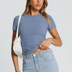 T-shirt en jersey fin à manches courtes pour femme, coupe ras du cou, poids idéal, vente en gros et au détail - Product Image 3