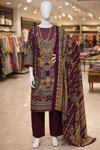 ชุดสาหรี่กะมีซสีม่วงพิมพ์ลายแบบปากีสถาน ยาวคลุมพื้น สไตล์โมเดิร์นผสมผสานความดั้งเดิม พร้อมผ้าคลุมไหล่ลายประณีต เหมาะสำหรับงานปาร์ตี้ - Product Image 3