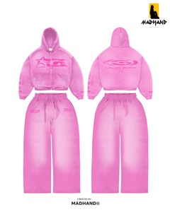 Custom Grunge Vision Streetwear Tracksuit | Cropped <b>Zip</b> Hoodie & Wide Leg Sweatpants | OEM Vintage Electric Blue Fleece Set - Product Image 3