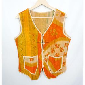 Elegant Handmade Eco-Friendly Breathable Cotton <b>Kantha</b> V-Neck Women's Waistcoat Winter Short <b>Jacket</b> Vest Button Closure - Product Image 5