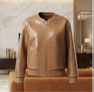 Cameo <b>Brown</b> Crocodile Embossed PU <b>Leather</b> Bomber <b>Jacket</b> <b>Women's</b> Full Sleeve Crew Neck Autumn Regular Length Zipper Closure - Product Image 3