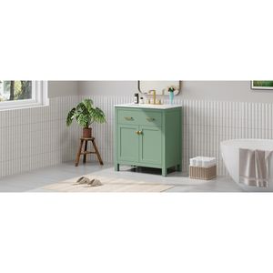 Mobile Bagno Moderno Verde da 30 Pollici con Armadietto Singolo e Lavabo in Ceramica, 2 Ante con Chiusura Ammortizzata e Ripiano - Product Image 6