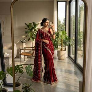 Designer Fandy Satin Fabric With Hand Embroidery Cut Dana Sequence Work Lehariya And Border In All Over <b>Saree</b> With Blouse - Product Image 1