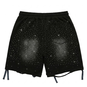 Ensembles chemises et shorts noirs pour hommes, les plus vendus, avec logo personnalisé imprimé, effet délavé et strass, pour streetwear vintage de haute qualité - Product Image 4