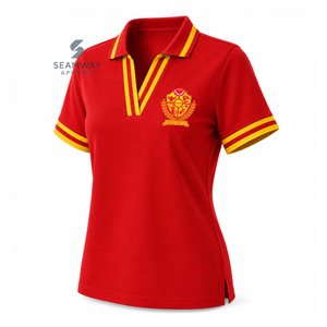 เสื้อโปโล NSPDK สำหรับสตรี สีแดงลายทอง คอวี ผ้าปิเก้ถัก แขนสั้น ปักลายตราสัญลักษณ์ เสื้อยืดคอปก สไตล์กรีก - Product Image 2