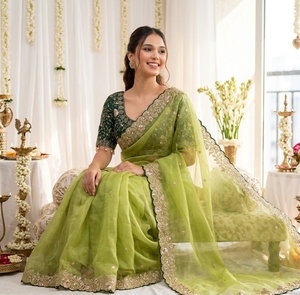 Sari en soie verte AARA Fashion avec broderie dorée, tenue traditionnelle indienne pour mariage, protection solaire toutes saisons pour femmes, longueur au sol - Product Image 4