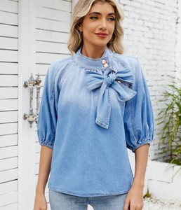 Women's Denim Blouse With Bowknot Mandarin Collar Short <b>Balloon</b> Sleeve Loose Fit Spring Summer Casual Top - Product Image 4