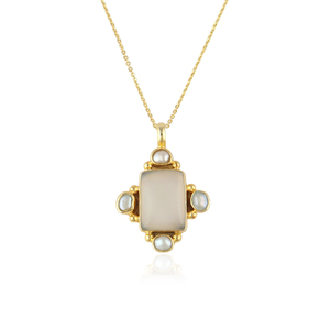 Collier pour femme en laiton plaqué or 18 carats, serti de pierres de lune blanches naturelles de style vintage avec accent de perle, idéal pour les soirées. - Product Image 1