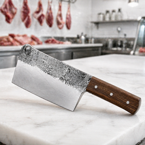 Custom Handmade Carbon Steel Cleaver with Ambidextrous Wood Handle Extra <b>Sharp</b> Forged Dishwasher Safe and Leather Sheath - Product Image 6