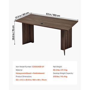Scrivania Direzionale Robusta 63, Grande Tavolo da Ufficio Moderno Rettangolare con Foro per Cavi, 250 LB, Materiale MFC per Ville - Product Image 3