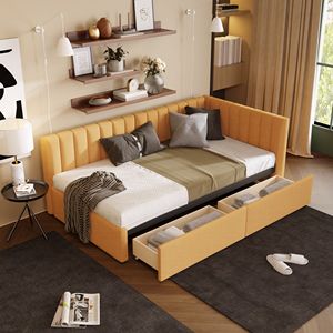 Divano letto imbottito a una piazza e mezza con 2 cassetti contenitore, in tessuto di lino, senza bisogno di rete a molle - Giallo - Product Image 1