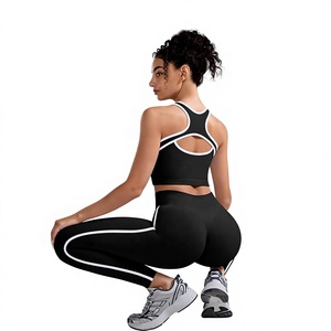 Women's 2 Piece Sporty Set Black Knitted Yoga Leggings Sports <b>Bra</b> With Side Stripe Breathable Full Length Skinny Fit - Product Image 4