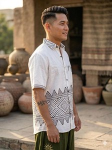 เสื้อเชิ้ตแขนสั้นผ้าฝ้าย Khadi ทำด้วยมือสำหรับผู้ชายเสื้อเชิ้ตลายชนเผ่าเรขาคณิตพิมพ์ขอบและรายละเอียดกระเป๋าเป็นมิตรกับสิ่งแวดล้อม - Product Image 3