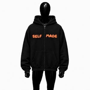 Custom Black Zip Up <b>Hoodie</b> Oversized Streetwear Self Made <b>Orange</b> 3D Puff Print Logo Full Zipper Hooded Sweatshirt Front Graphic - Product Image 1