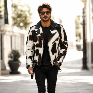 Blouson de moto en cuir véritable pour homme LEATHER SPOT, en cuir de vachette à poils, à capuche, motif écossais, respirant, coupe-vent, décontracté, été, multi-usages - Product Image 4