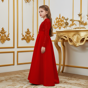 Robe rouge personnalisée pour fille d'honneur, en velours, avec broderie de fleurs à paillettes, manches longues, col en V, robes de princesse pour enfants, vêtements formels de luxe pour enfants - Product Image 3