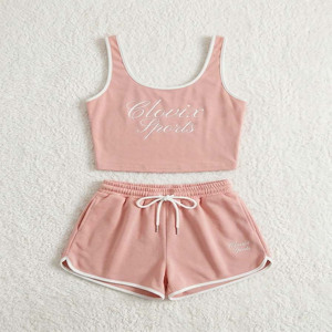 Ensemble de sport décontracté 2 pièces en coton doux pour femme : débardeur court sans manches et short taille haute, personnalisable avec logo - Product Image 5