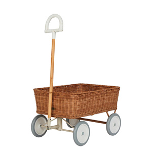 Kids Wooden Handle Woven <b>Storage</b> Wagon Rattan Toy Cart with Wheels Decorative Nursery Organizer Rolling <b>Basket</b> for Home Playroom - Product Image 1
